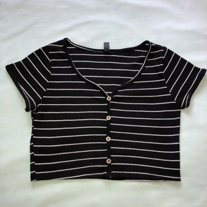 Black and white stripe crop top button shirt.